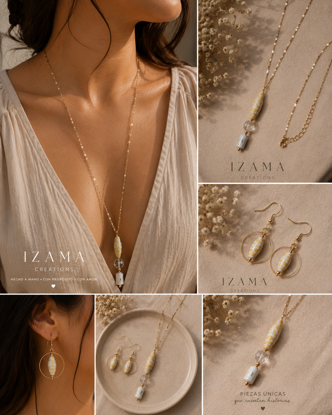 Brisa Dorada — Long Paper Bead Necklace & Earring Set