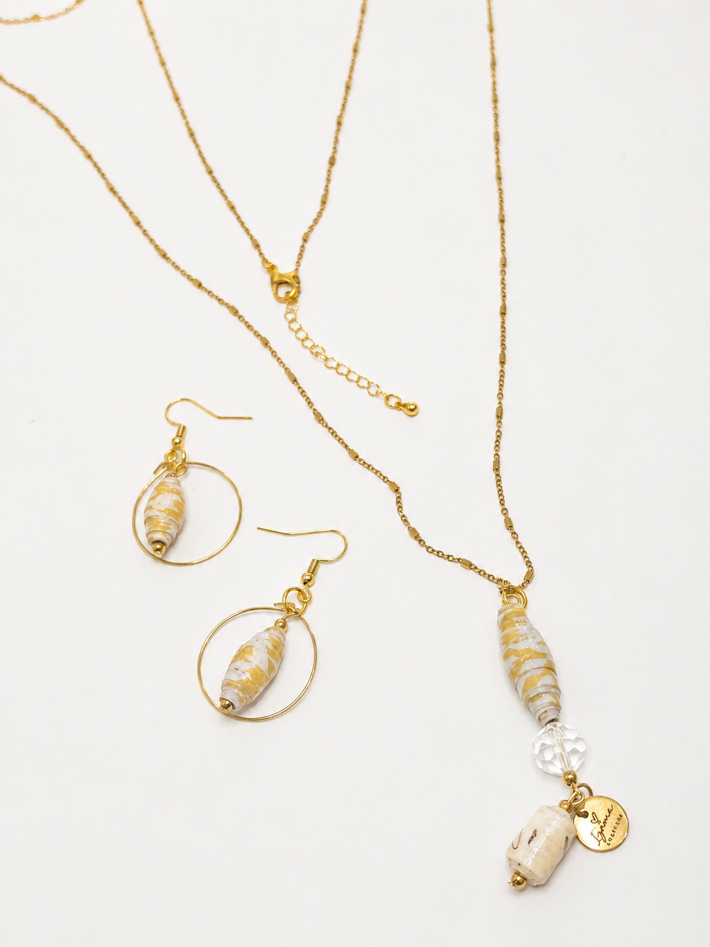 Brisa Dorada — Long Paper Bead Necklace & Earring Set