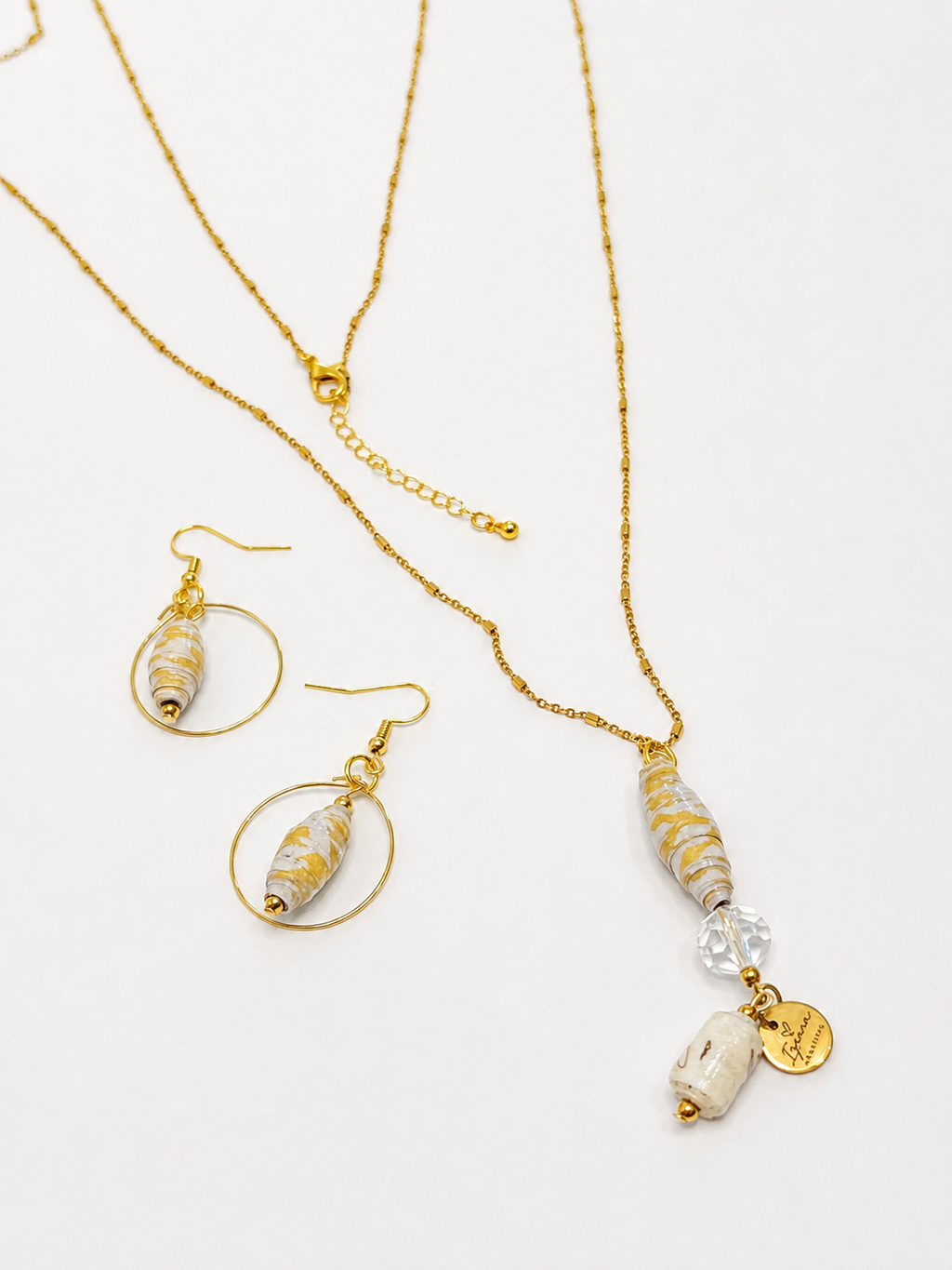 Brisa Dorada — Long Paper Bead Necklace & Earring Set